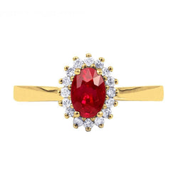 Anello in oro giallo con rubini rossi e diamanti rotondi a taglio ovale da 3 ct