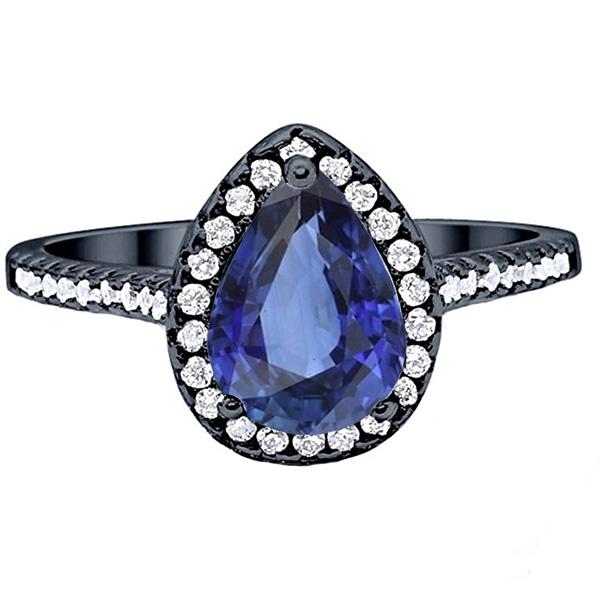 Anello in oro nero a forma di pera con alone zaffiro blu e diamanti 4 carati - harrychadent.it