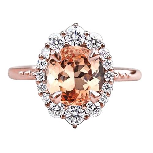 Anello in oro rosa 14 kt con Morganite e diamanti. taglio brillante rotondo da 15 ct - harrychadent.it