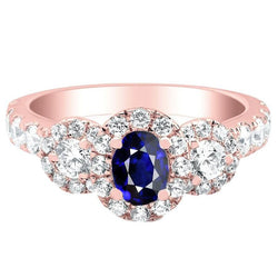 Anello in oro rosa Halo con zaffiro ovale 3 diamanti stile pietra 5.50 carati