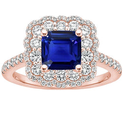 Anello in oro rosa con anello di diamanti Cuscino Zaffiro blu Centro 3.75 carati