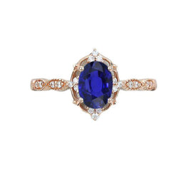 Anello in oro rosa con diamante Halo stile vintage con zaffiro blu 3 carati