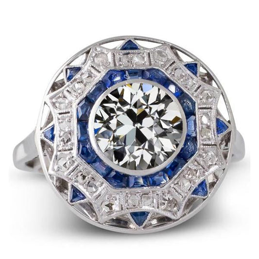 Anello in oro stile stella Gioielli Art Déco Nuovo zaffiro blu e diamante a taglio antico