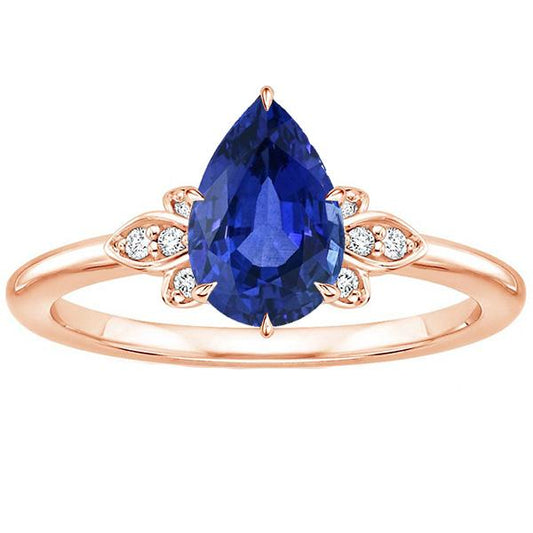 Anello in pietra preziosa zaffiro blu pera e diamante rotondo stile floreale 3 carati - harrychadent.it