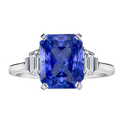 Anello in pietra preziosa zaffiro di Ceylon Diamanti trapezoidali Oro 4 carati 3 pietre