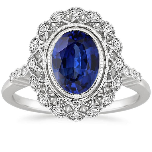 Anello in stile antico Halo con castone incastonato in zaffiro blu con diamanti 4 carati - harrychadent.it