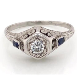 Anello in stile antico con diamante 1.50 carati con zaffiro blu di Ceylon