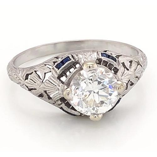 Anello in stile antico con diamante 1.50 carati in oro bianco con zaffiro blu 14K - harrychadent.it