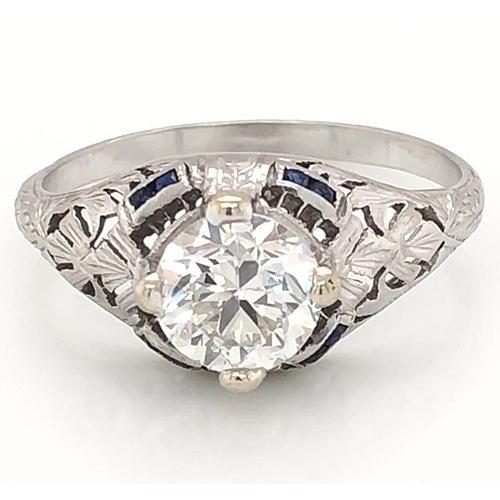 Anello in stile antico con diamante 1.50 carati in oro bianco con zaffiro blu 14K - harrychadent.it