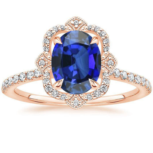 Anello in stile antico con diamante Halo in stile fiore con zaffiro blu 6.20 carati - harrychadent.it