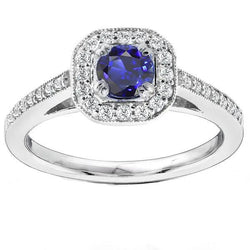 Anello in stile antico con diamante aureola e zaffiro blu 3 carati con gambo Milgrain