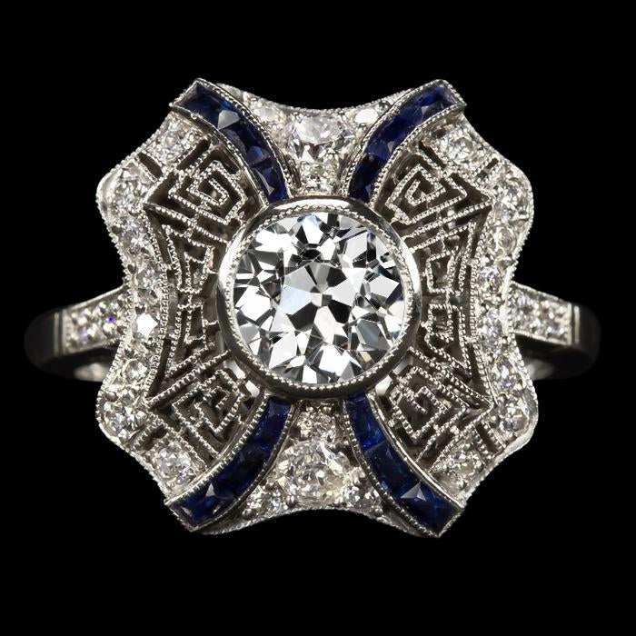 Anello in stile antico con diamanti a taglio antico e zaffiri trapezoidali 3,75 carati - harrychadent.it