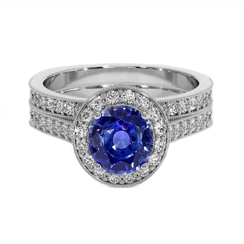 Anello in stile antico con diamanti incastonati 6 carati in oro bianco con zaffiro blu rotondo - harrychadent.it