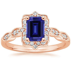 Anello in stile antico con zaffiro blu e diamante con pietra preziosa 3 carati