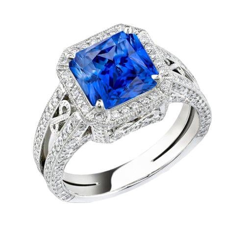 Anello in stile vintage Halo con zaffiro Srilanka Milgrain 3 carati con gambo diviso - harrychadent.it