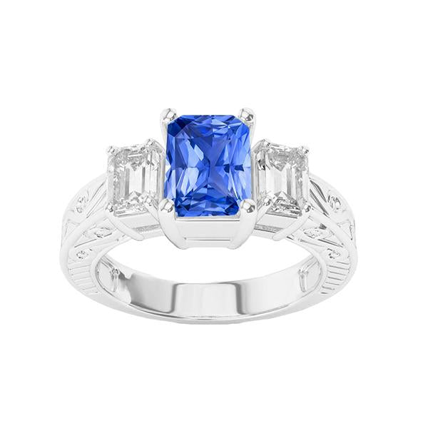 Anello in stile vintage con diamante smeraldo. forma radiosa con zaffiro blu 2 carati - harrychadent.it