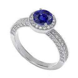 Anello in stile vintage con zaffiro blu da 4,70 carati e diamante rotondo in oro bianco 14 carati