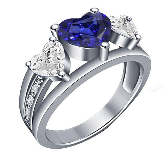 Anello in zaffiro blu con 3 pietre e diamanti a cuore con accenti 3.50 carati - harrychadent.it