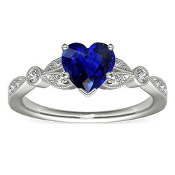Anello in zaffiro blu intenso con diamante rotondo 3 carati stile foglia Milgrain