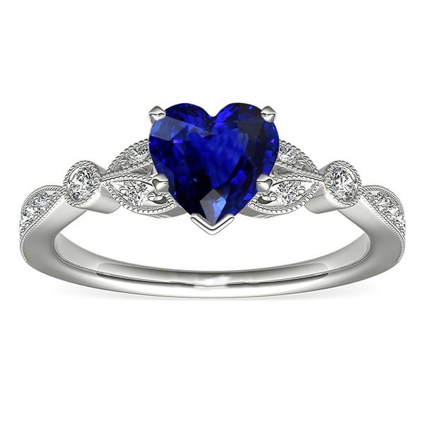 Anello in zaffiro blu intenso con diamante rotondo 3 carati stile foglia Milgrain - harrychadent.it