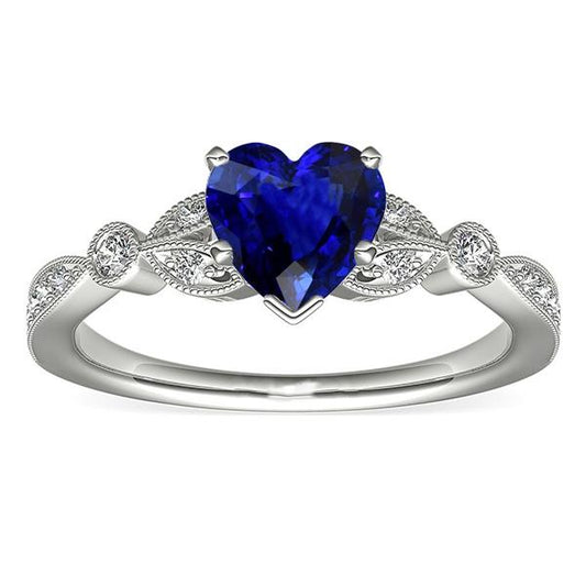 Anello in zaffiro blu intenso con diamante rotondo 3 carati stile foglia Milgrain - harrychadent.it