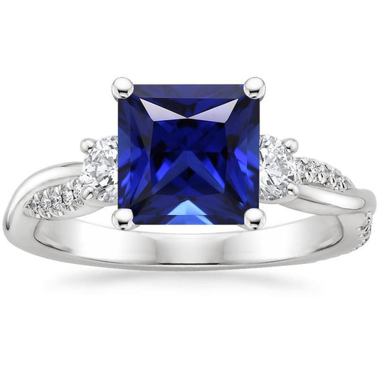 Anello in zaffiro di Ceylon taglio principessa con 3 pietre con diamanti 6 carati - harrychadent.it