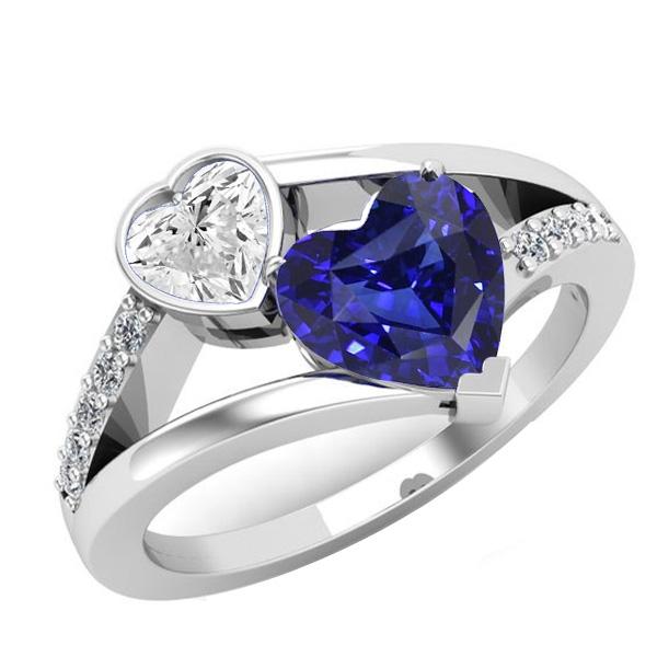 Anello incastonato di diamanti a forma di cuore con zaffiro blu con gambo diviso 3.25 carati - harrychadent.it