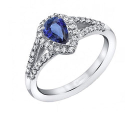 Anello nuziale Halo Pera Zaffiro Ceylon Doppio gambo 2.50 Carati