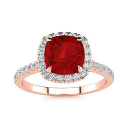 Anello nuziale in oro con diamanti e rubini rossi tagliati a cuscino da 5.35 ct