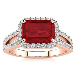 Anello nuziale in oro rosa 14 carati con taglio smeraldo rubino rosso 13 ct e diamante