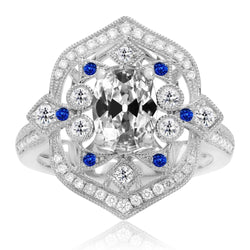 Anello ovale con diamanti a taglio antico e zaffiro blu Halo Vintage Style 7 carati