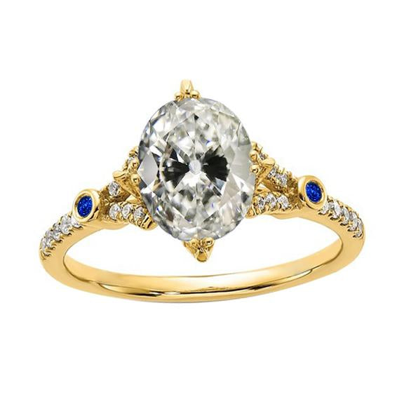 Anello ovale con diamanti taglio vecchio miniera e zaffiri Ceylon rotondi 5 carati - harrychadent.it