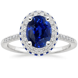 Anello ovale con pietre preziose Halo Zaffiro blu e accenti di diamanti 4.50 carati