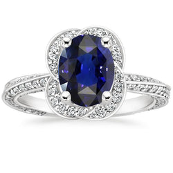 Anello ovale con zaffiro dello Sri Lanka Anello con 5 carati di diamanti stile fiore