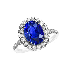Anello ovale con zaffiro dello Sri Lanka e diamanti da 4,30 ct in oro bianco 14K