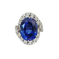 Anello ovale in oro bianco 14 kt con zaffiro blu dello Sri Lanka e diamanti, 7 ct