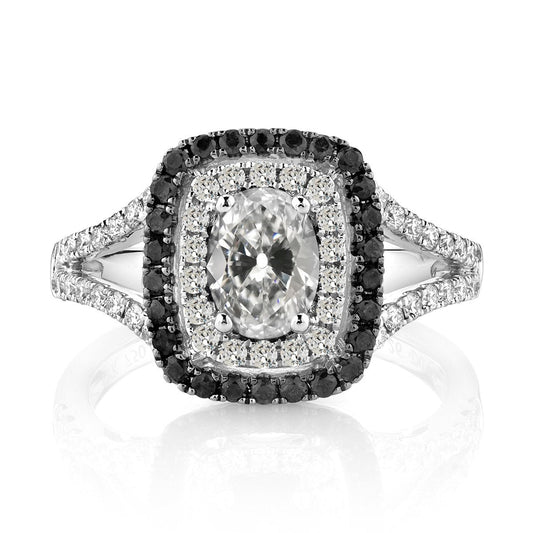 Anello ovale vecchio minatore e diamante nero rotondo Halo con gambo diviso 7 carati - harrychadent.it