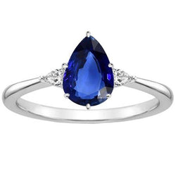 Anello pera diamante 3 pietre blu zaffiro 1.75 carati con gambo affusolato oro