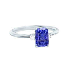 Anello radiante con 3 zaffiri blu in pietra di diamanti tondi piccoli da 1,25 carati e oro bianco 14 carati