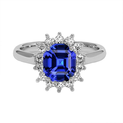 Anello rotondo Halo Diamond Asscher Cut Blue Sapphire 6.50 carati Anello in oro 14K - harrychadent.it