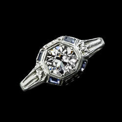 Anello rotondo con zaffiro di Ceylon baguette con diamante taglio vecchia miniera 2.75 carati