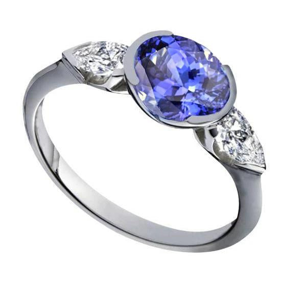 Anello scintillante con 3 pietre ovale con tanzanite e diamante a pera da 3 carati - harrychadent.it