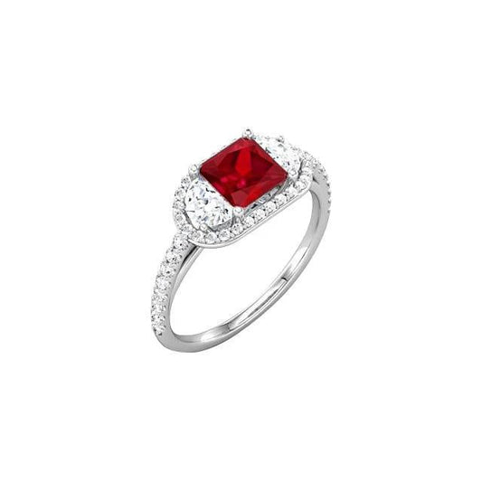 Anello scintillante con tre pietre stile principessa rosso rubino 3 carati WG 14K - harrychadent.it
