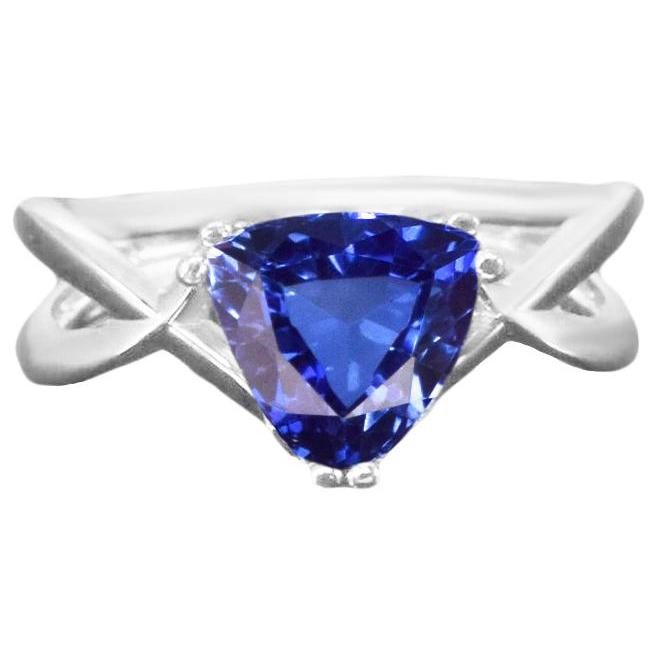 Anello solitario Trillion Zaffiro blu naturale con gambo diviso 2 carati - harrychadent.it