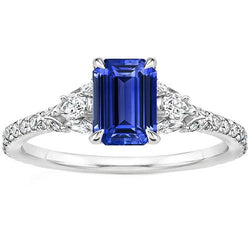 Anello solitario accenti 3 pietre blu zaffiro e diamante 4.50 carati