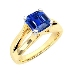 Anello solitario bicolore con zaffiro blu smeraldo 2.50 carati con gambo diviso