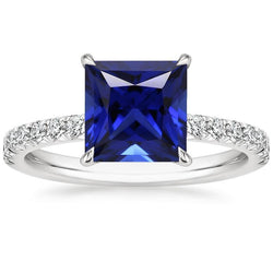 Anello solitario con accenti di diamanti e zaffiro blu taglio principessa 5.50 carati