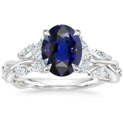 Anello solitario con zaffiro blu e accenti di diamante 5.50 carati stile foglia