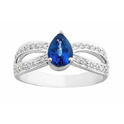 Anello solitario con zaffiro blu pera da 3,50 carati e accenti di diamanti
