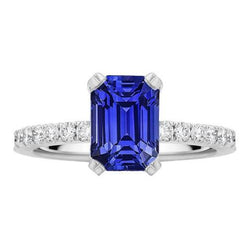 Anello solitario con zaffiro blu smeraldo e pavé di diamanti 3.50 carati